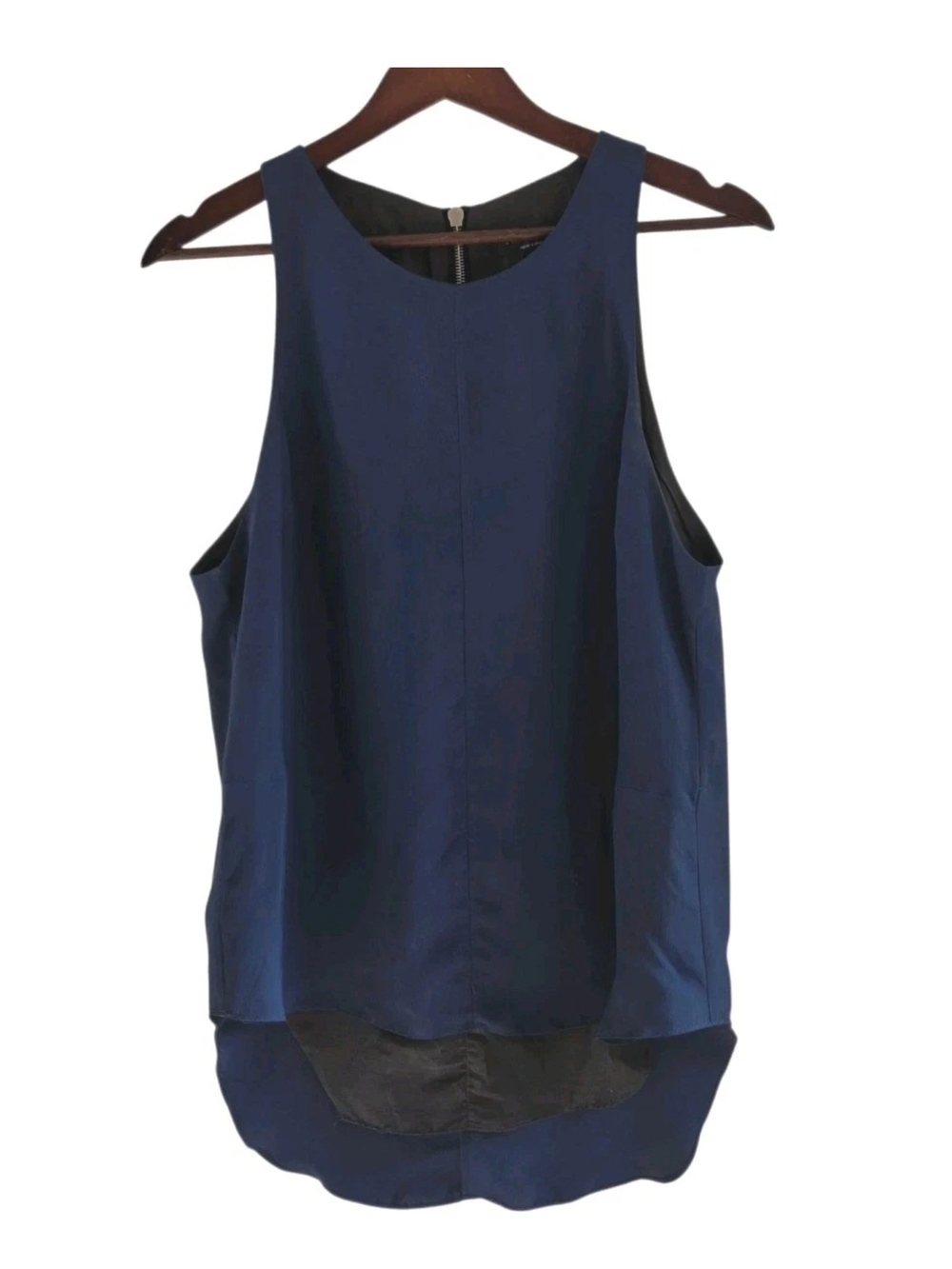 Rag & Bone Silk Navy Blue Tank Top Sleeveless Zipper Back Hi Lo Hem Womens L